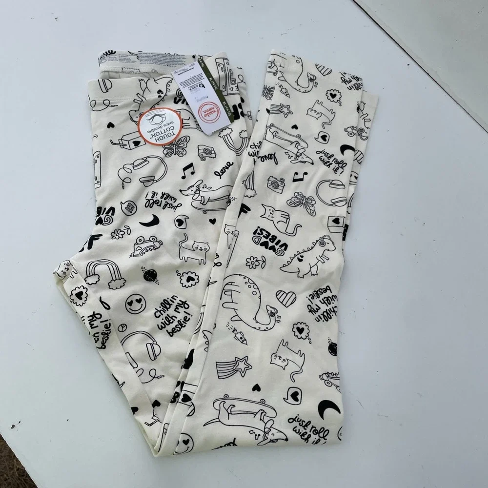 Wonder Nation Tough Cotton Cream Doodle Cats Dogs Leggings Girls XL